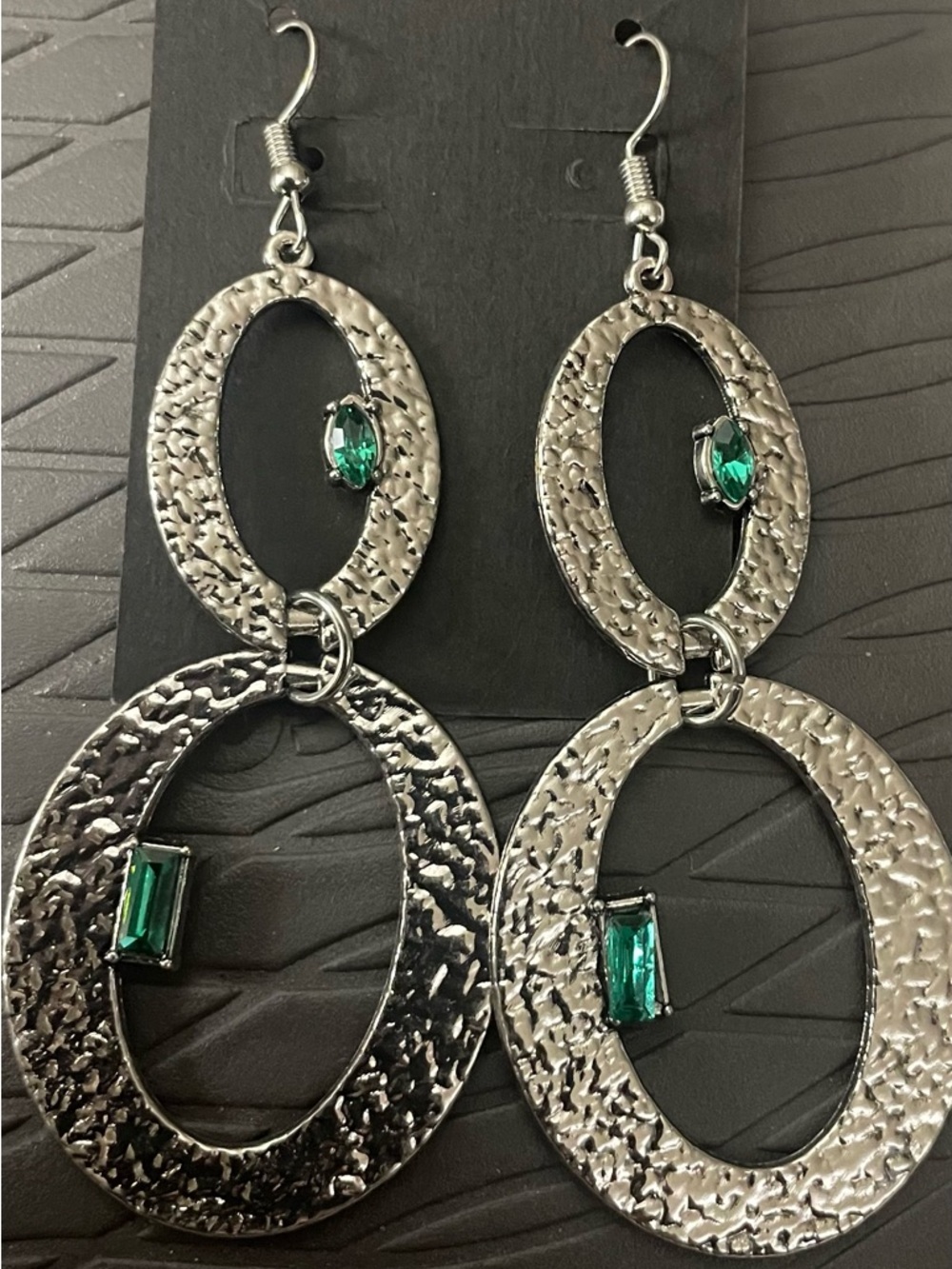 Silver-Tone Double Oval Earrings with Emerald Green Stones